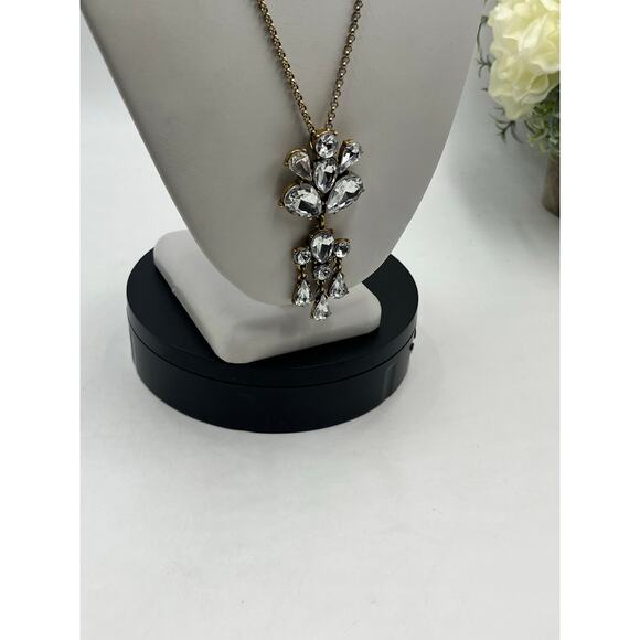 J. Crew Gold Tone Clear Rhinestone Flower Cluster Pendant Long Necklace - Picture 8 of 10